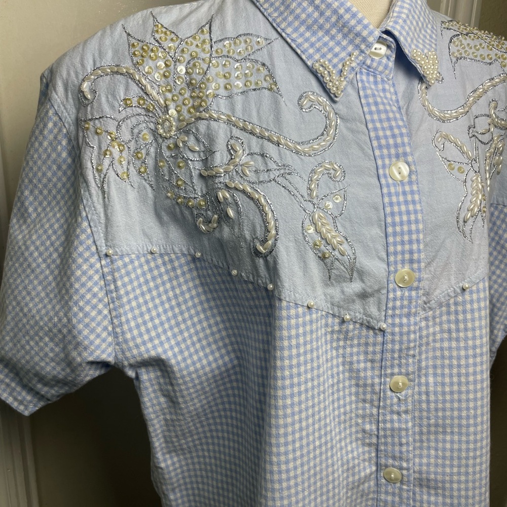 Blue Casual Button Down Shirt with Embroidery